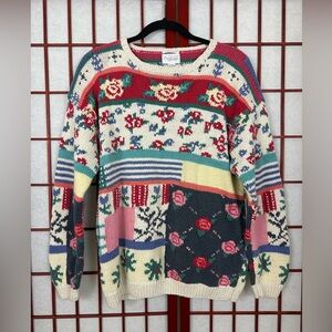Vintage Hand Knit Colorful Floral Patchwork Grandma Pullover Sweater
